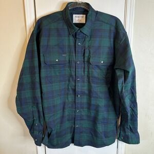 Poncho Outdoors Mens Plaid Long Sleeve Shirt Green Blue Magnetic Pockets Large